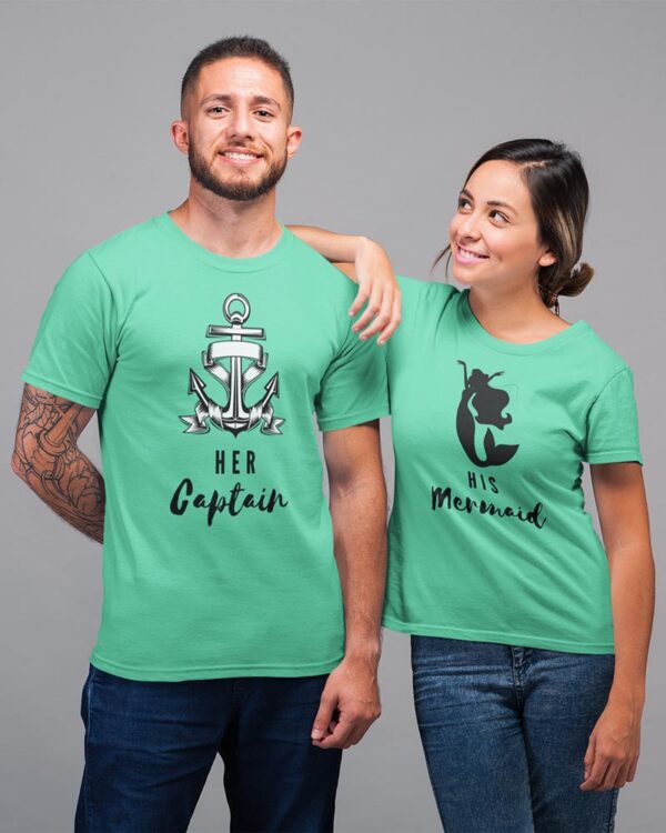 Her Captain, His Mermaid Valentine Couples T-Shirt - DK - Image 4