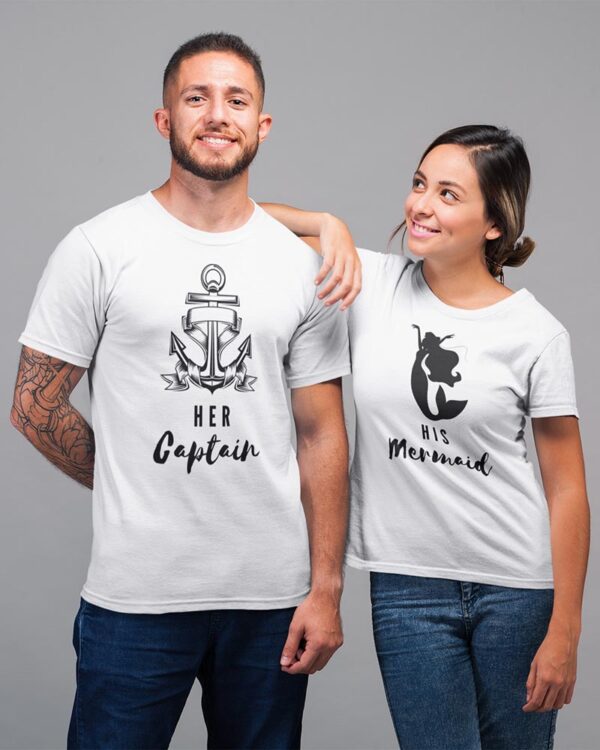 Her Captain, His Mermaid Valentine Couples T-Shirt - DK - Image 2