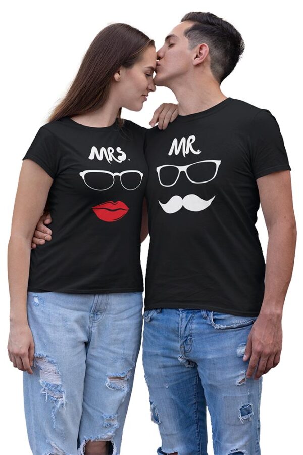 MR Mustache MRS Lips Valentine Couples T-Shirt - LT