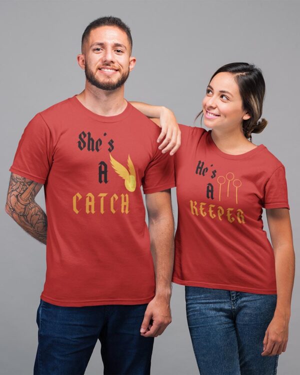 She is a catch, he is a keeper Valentine Couples T-Shirt - DK