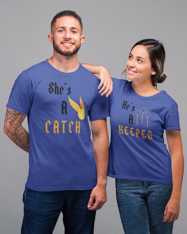 She is a catch, he is a keeper Valentine Couples T-Shirt - DK - Image 2