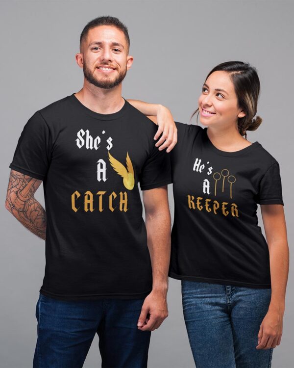 She is a Catch, He is a Keeper Valentine Couples T-Shirt - LT - Image 3