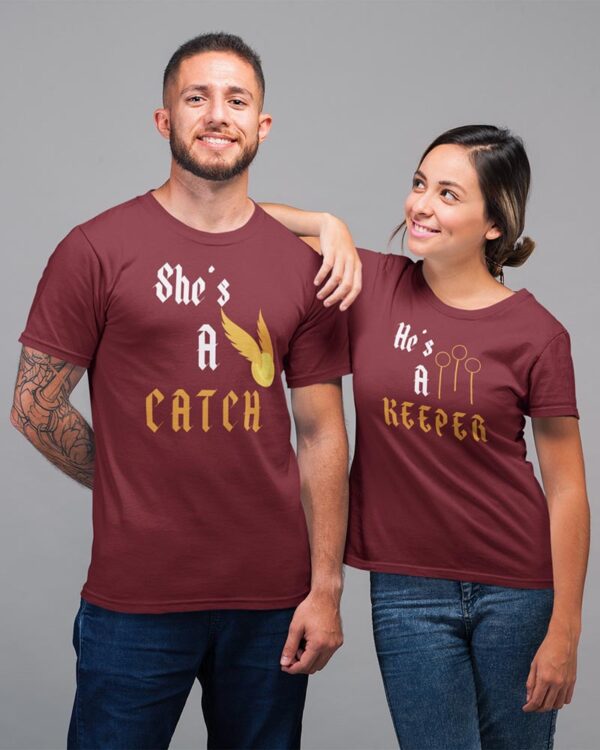 She is a Catch, He is a Keeper Valentine Couples T-Shirt - LT - Image 5