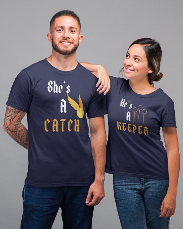 She is a Catch, He is a Keeper Valentine Couples T-Shirt - LT