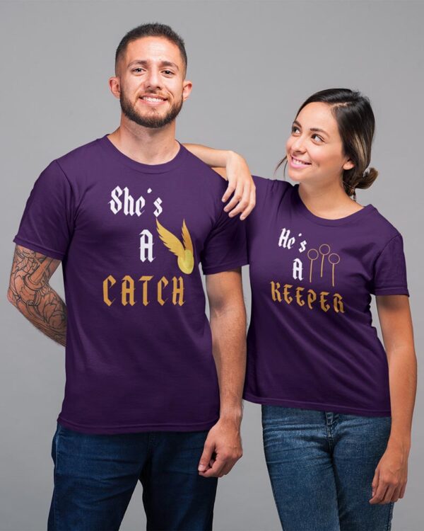 She is a Catch, He is a Keeper Valentine Couples T-Shirt - LT - Image 2